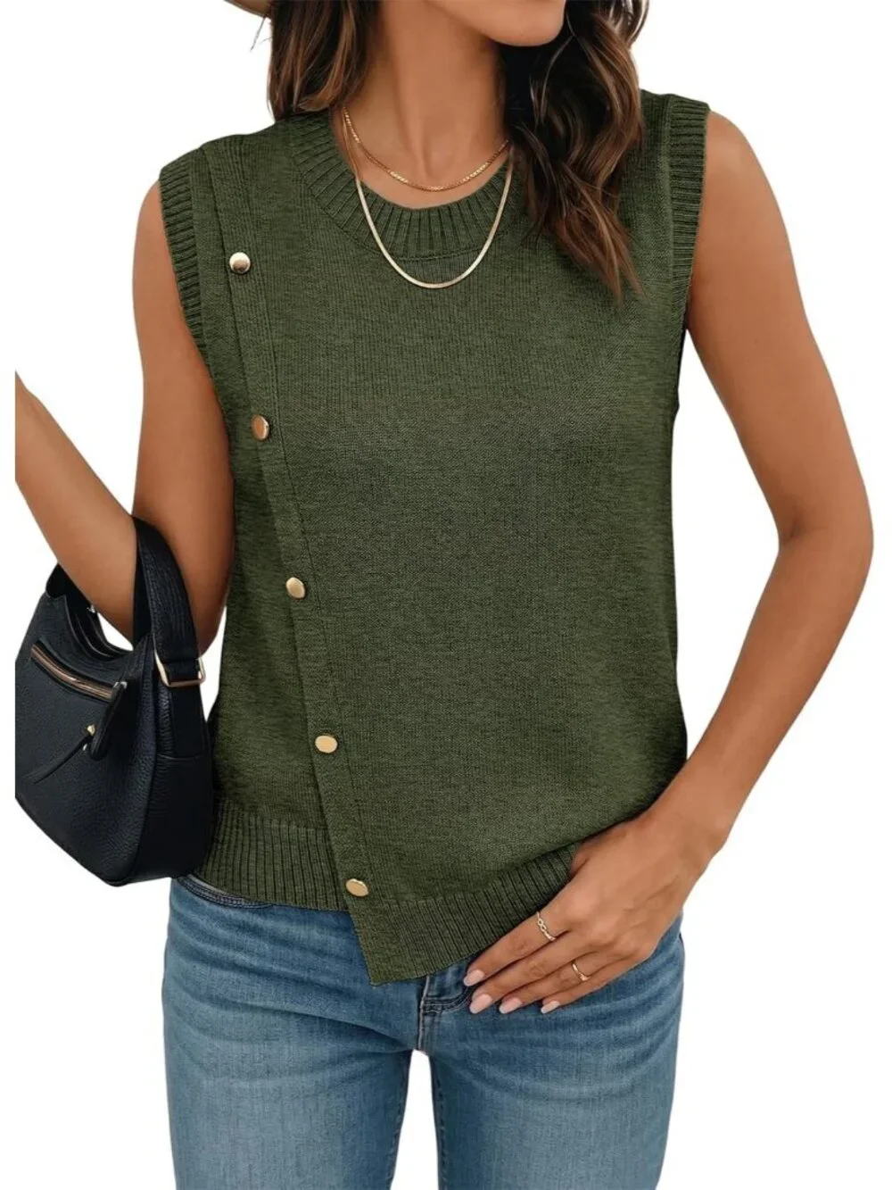 Women's Leaf Green Sleeveless Round Neck Casual Button Decoration Sweater Vest